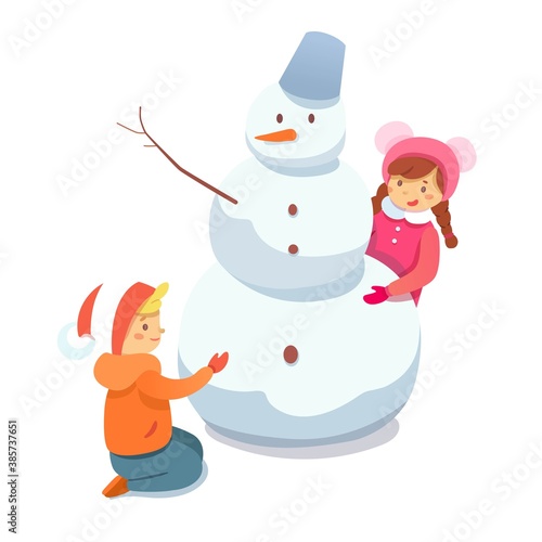 Winter outdoor recreation flat illustration. Wintertime games and leisure activity for kids isolated clipart. Children cartoon characters building snowman, playing in snow design element.