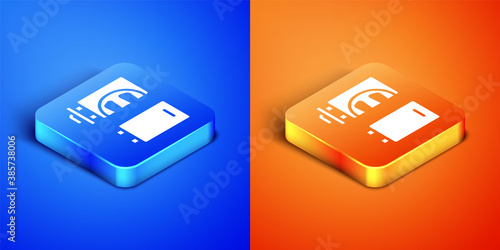 Isometric Crematorium icon isolated on blue and orange background. Square button. Vector.
