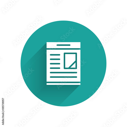 White Newspaper advertisement displaying obituaries icon isolated with long shadow. Green circle button. Vector.