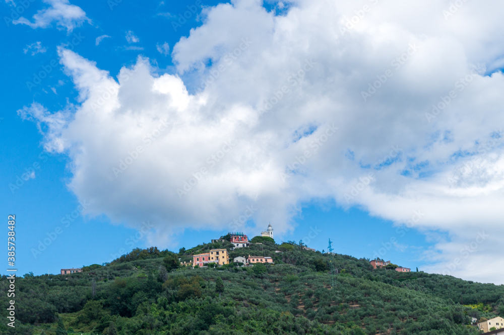 view of Saint Giulie's church and hill from Lavagna, Italy