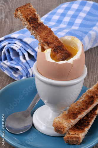 Oeuf à la coque dans son coquetier avec un morceau de pain toasté photo