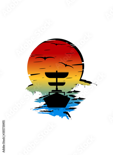 ships in the sea under a beautiful full moon. vector illustration