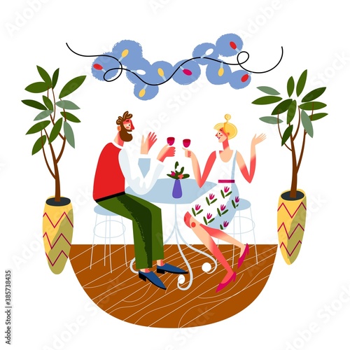 Romantic date in restaurant vector illustration isolated on white background