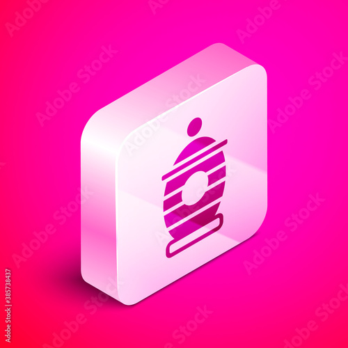 Isometric Funeral urn icon isolated on pink background. Cremation and burial containers, columbarium vases, jars and pots with ashes. Silver square button. Vector.