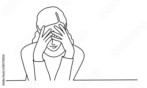 Sad crying young woman, palms to her face. Hand drawn vector line.