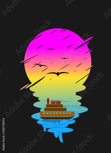 ships in the sea under a beautiful full moon. vector illustration