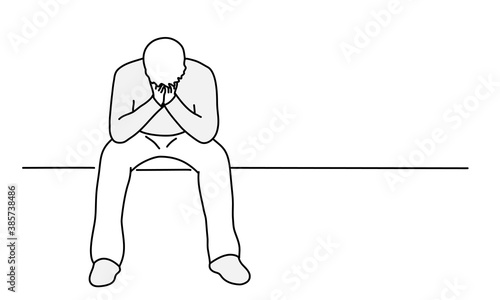 Sad man sitting with his palms to his face. Hand drawn vector line.