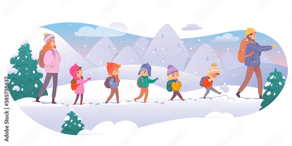 Group of kids with teachers on mountain trip in winter. Children going in snow, man and woman leading students on holiday. Winter journey outdoor vector illustration. Horizontal view
