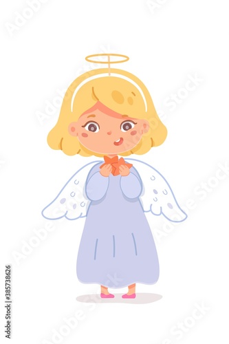 Kid in angel costume for Christmas winter party. Cute happy child wearing beautiful xmas dress with wings vector illustration. Little girl standing and smiling on white background