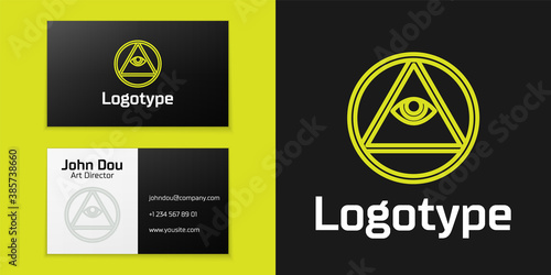 Logotype line Masons symbol All-seeing eye of God icon isolated on black background. The eye of Providence in the triangle. Logo design template element. Vector Illustration.