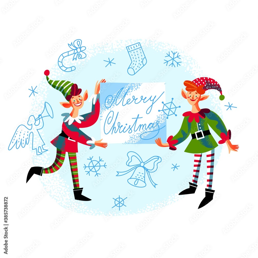 Christmas elves with poster. Cute xmas characters preparing for New year showing banner. Winter holiday vector illustration. Funny little boys in dwarf outfits, december season background Christmas elves with poster. Cute xmas characters preparing for New year showing banner. Winter holiday vector illustration. Funny little boys in dwarf outfits, december season background