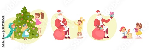 Kids in costumes at Christmas party with santa set. Cute happy children wearing xmas suits vector illustration. Girls and boys dressed, santa with bag of presents, new year tree decorating