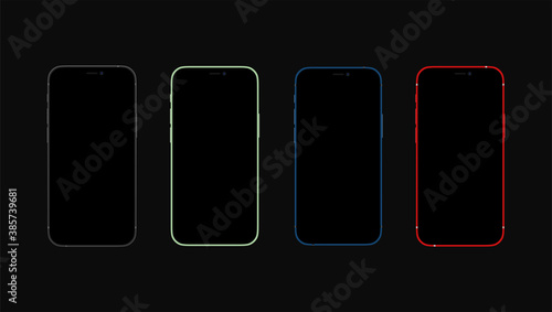 Colorful, Red,black, blue and green iPhone 12. Realistic, modern, smart phone collection on black background. iPhone mockups set.