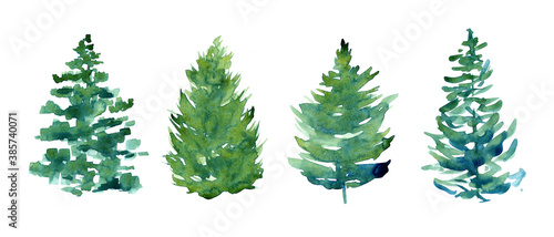 watercolor set of Christmas trees, four different spruse isolated on white background, hand painted illustration © katedeepomania