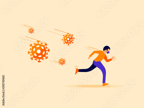 Man wearing protection face mask run away from covid coronavirus attack pandemic outbreak. Person running with virus in the air behind. Vector concept of worker with disease epidemic infection problem