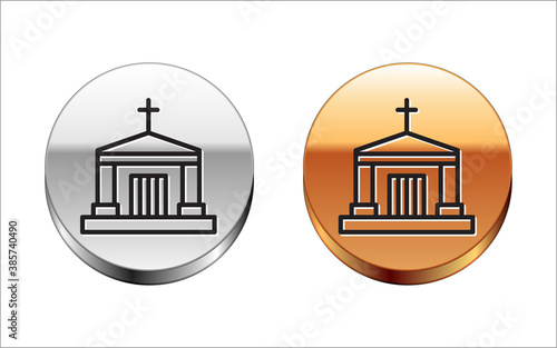Black line Old crypt icon isolated on white background. Cemetery symbol. Ossuary or crypt for burial of deceased. Silver-gold circle button. Vector.