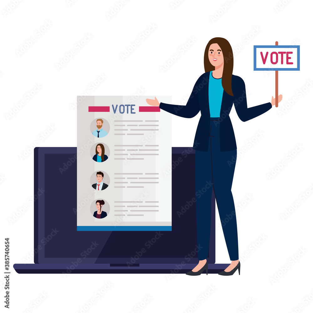 Vote paper and woman with banner on laptop design, President election government and campaign theme Vector illustration Vote paper and woman with banner on laptop design, President election government and campaign theme Vector illustration