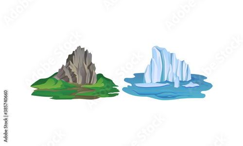 Blue Icebergs and Mountain Peaks with High Cliff Vector Set