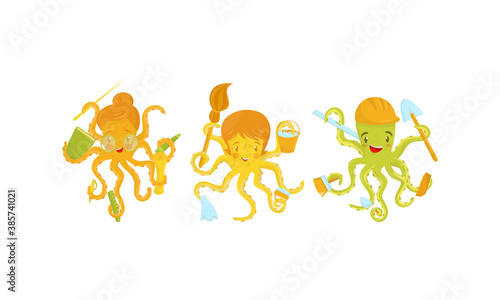 Octopuses Engaged in Different Occupations Holding Various Objects Vector Set