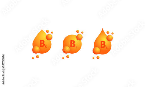 Vitamin B5 icon set. Beauty treatment nutrition skin care design. Healthy medicine pill supplement essence. Vector on isolated white background. EPS 10.