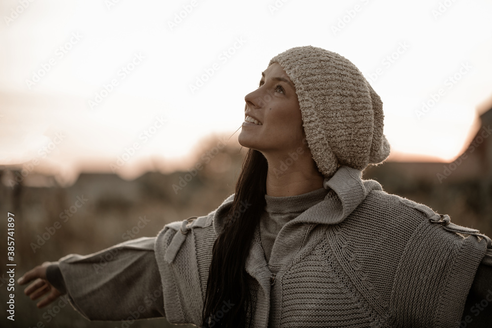 Freedom woman in free happiness. Woman nature. Beauty photo. Sunset. 