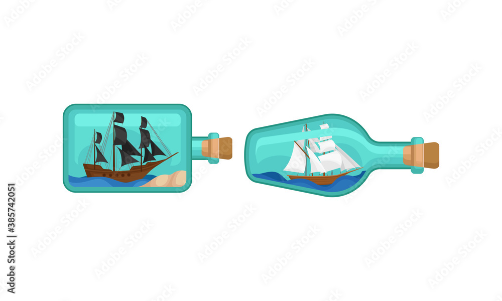 Ship and Watercraft in Glass Corked Bottle Vector Set Ship and Watercraft in Glass Corked Bottle Vector Set