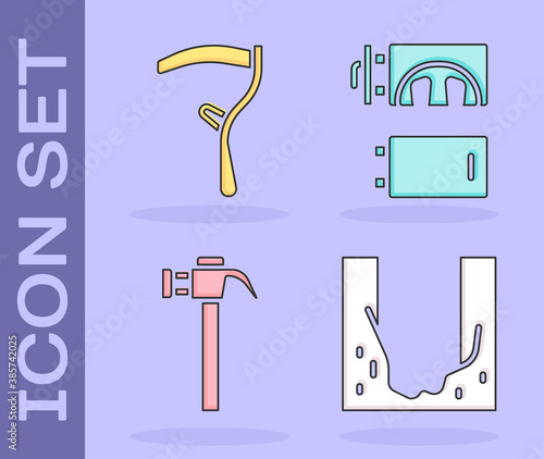 Set Cemetery digged grave hole, Scythe, Hammer and Crematorium icon. Vector.