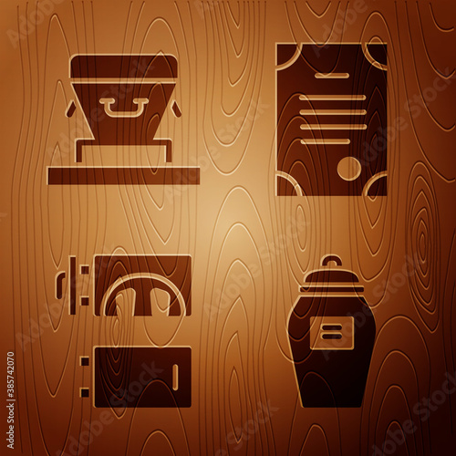 Set Funeral urn, Coffin, Crematorium and Death certificate on wooden background. Vector.