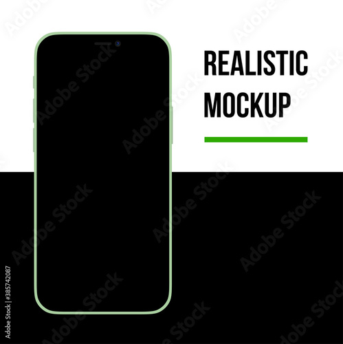 Green iPhone 12. Realistic, modern, smart phone on black background. Green iPhone 12 mini pro max