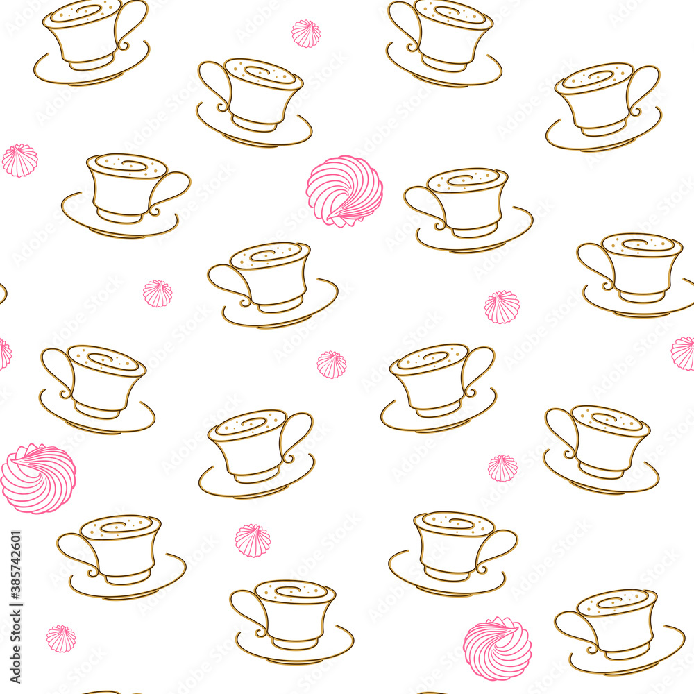 Cups of tea or coffee and meringues on a white, outline. Vector seamless pattern for packaging, wrapper, wrapping paper, sales banner, cafe, restaurant, cafeteria, printing on fabric, textile and menu Cups of tea or coffee and meringues on a white, outline. Vector seamless pattern for packaging, wrapper, wrapping paper, sales banner, cafe, restaurant, cafeteria, printing on fabric, textile and menu