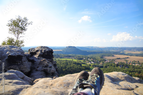 View from Gohrisch stone (Gohrischstein) to mountain Lilienstein in Saxon Switzerland, Germany