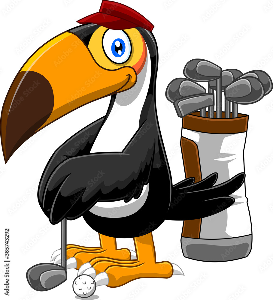 Fototapeta premium Golfer Toucan Bird Cartoon Character. Vector Illustration Isolated On White Background