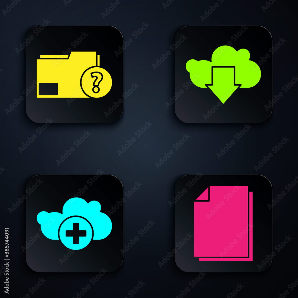 Set Document, Unknown document folder, Add cloud and Cloud download. Black  square button. Vector. vector de Stock | Adobe Stock