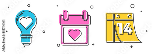 Set Heart shape in a light bulb, Calendar with heart and Calendar with February 14 icon. Vector.