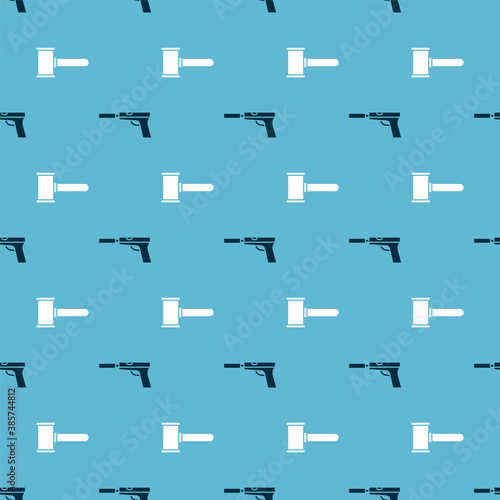 Set Pistol or gun with silencer and Judge gavel on seamless pattern. Vector.