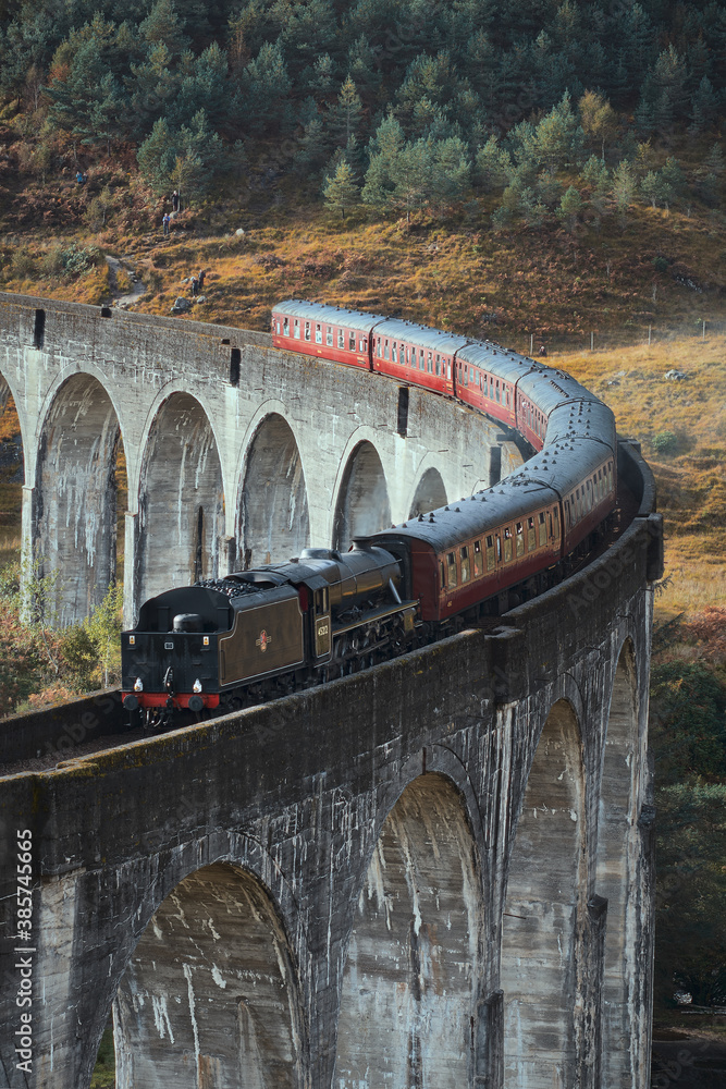 Obraz premium Old historical steam train riding on famous viaduct bridge. Travel and tourist destination in Europe. Glenfinnan Viaduct, Highlands, Scotland, United Kingdom
