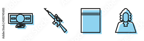 Set line Plastic bag with ziplock, Stacks paper money cash, Sniper rifle with scope and Judge icon. Vector.