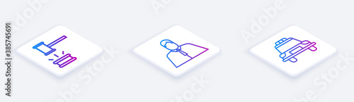 Set Isometric line Judge gavel, Lawyer, attorney, jurist and Police car and flasher. White square button. Vector.