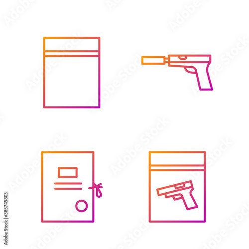 Set line Evidence bag and pistol or gun, Lawsuit paper, Plastic bag with ziplock and Pistol or gun with silencer. Gradient color icons. Vector.