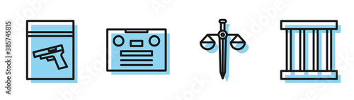 Set line Scales of justice, Evidence bag and pistol or gun, Retro audio cassette tape and Prison window icon. Vector.