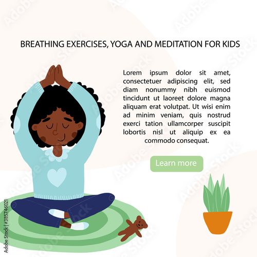 Breathing exercises, yoga, meditation for kids banner. African American girl sits in lotus pose with hands up above head