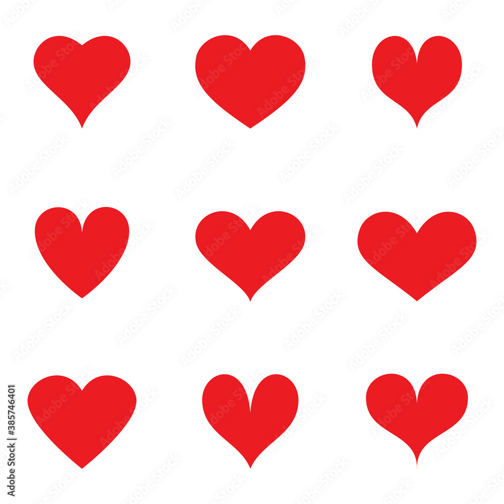 Red heart vector icons set. Flat love icon isolated on white. Heart vector for love logo, heart symbol, shape icon and Valentine's day. Cute heart vector icon for shape design, heart and love icon Red heart vector icons set. Flat love icon isolated on white. Heart vector for love logo, heart symbol, shape icon and Valentine's day. Cute heart vector icon for shape design, heart and love icon