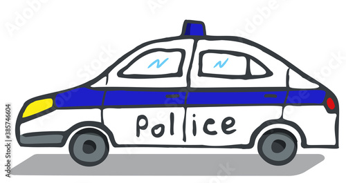 Police car sketch. white and blue passenger car, volumetric with a shadow. Police service.