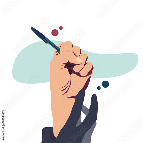 Concept of freedom of speech and information, stop censorship. Hand holding an open pen. It is dragged down by another hand. Vector Illustration with light blue background with red, blue circles