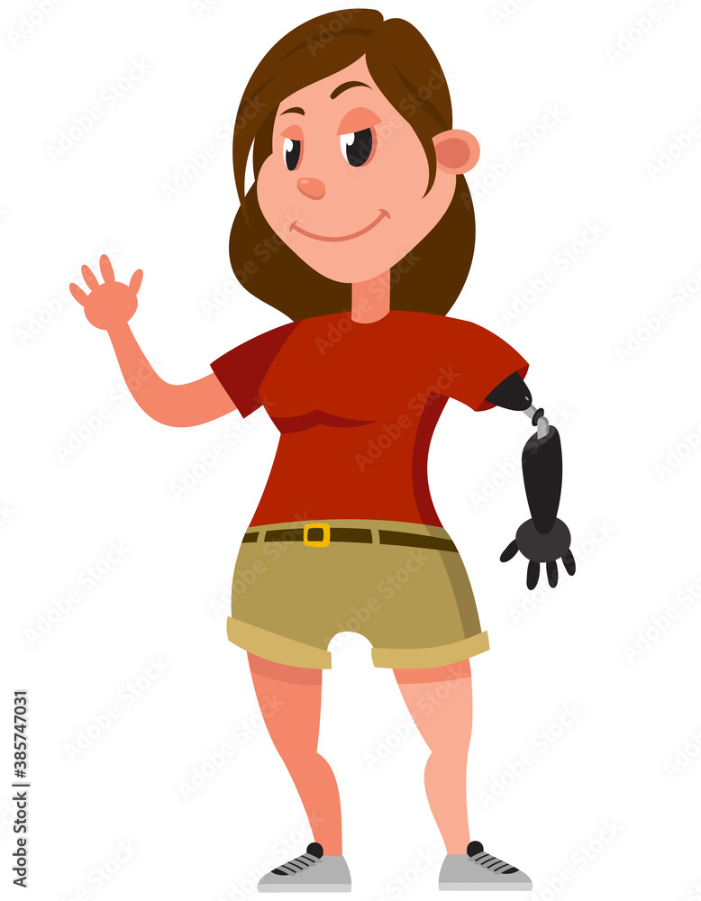 Woman with prosthetic arm. Female character in cartoon style. Woman with prosthetic arm. Female character in cartoon style.