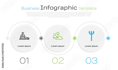 Set line Witch cauldron and magic stone, Cube levitating above hand and Neptune Trident. Business infographic template. Vector.