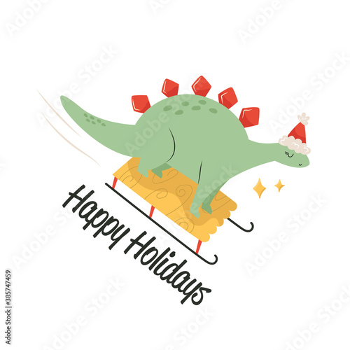 Funny stegosaurus dinosaur sledging and having fun. Winter holiday card. Christmas mood.