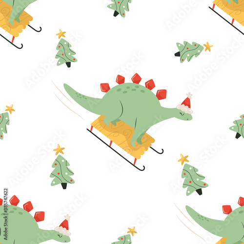 Holiday seamless pattern with cute dinos having fun at sledge. Christmas background for different designs