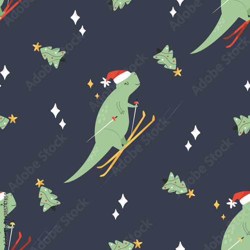 Holiday seamless pattern with cute dinos having fun at ski. Christmas background for different designs