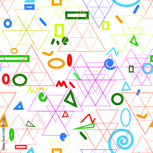 Hipster fashion .Trendy seamless pattern in Memphis style and with different shapes i. Jumble design . Repeating zigzag smooth lines vector background . Cool geometric texture .